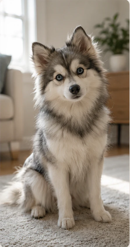 Example original photo of a husky puppy sitting indoors