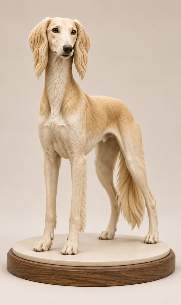 Cream-and-gold Saluki miniature with a matte finish, sculpted fur and realistic proportions on a round display base