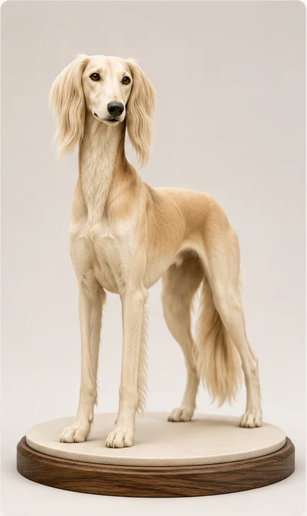 Example display-ready 3D figure concept of the light-coloured saluki
