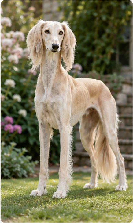 Example original photo of a light-coloured saluki standing in a garden
