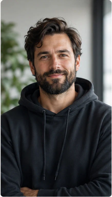 Example original portrait of a man wearing a dark hoodie
