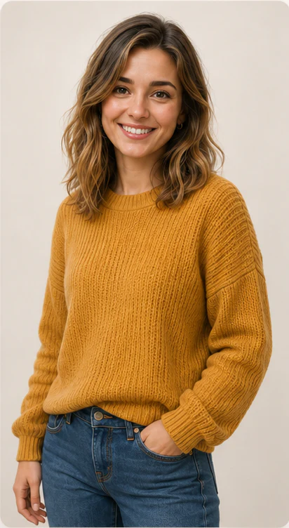 Example digital double of the woman in a mustard jumper