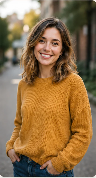 Example original photo of a woman in a mustard jumper